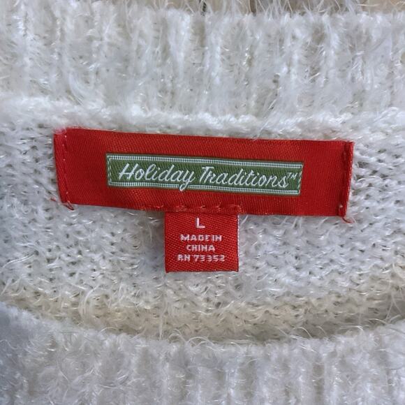 Holiday Traditions White Reindeer Themed Christmas Size L Pullover Sweater - Picture 3 of 9